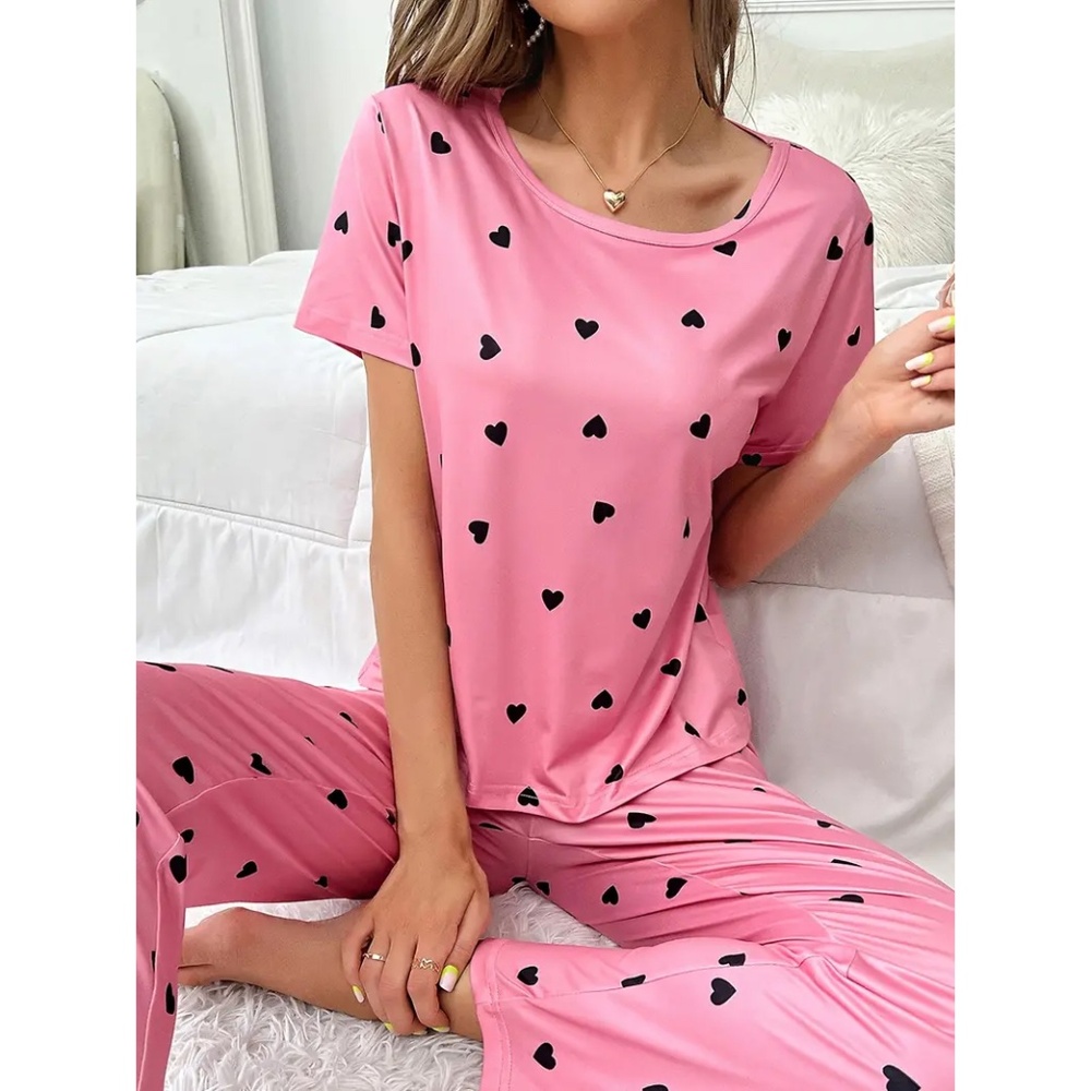 Pajama Set XL Pink Black Hearts Soft Short Sleeve Top and Pants